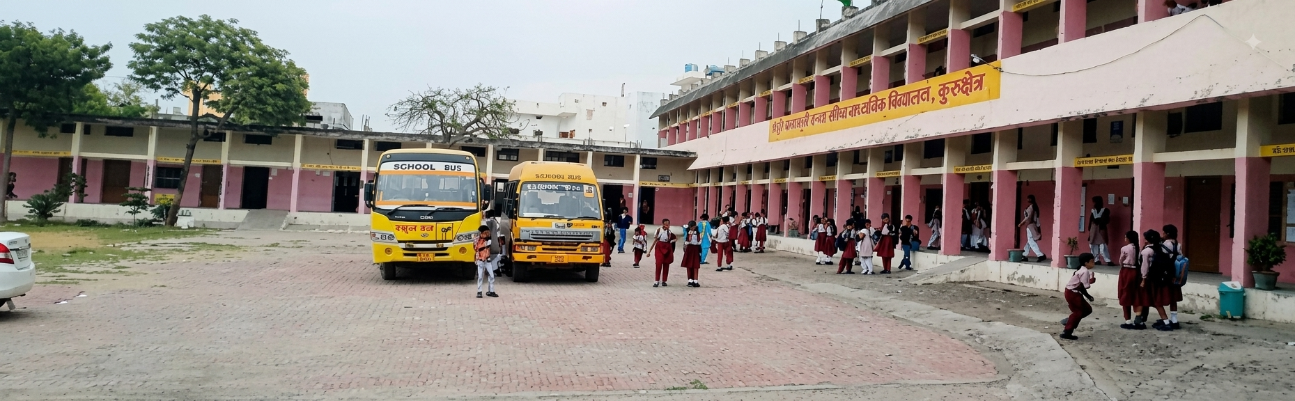Aerial view of the main school building and playground